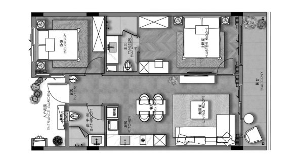 Планировка квартиры 2 спальни в ЖК Ayana Heights Seaview Residence № 11021 (2D)