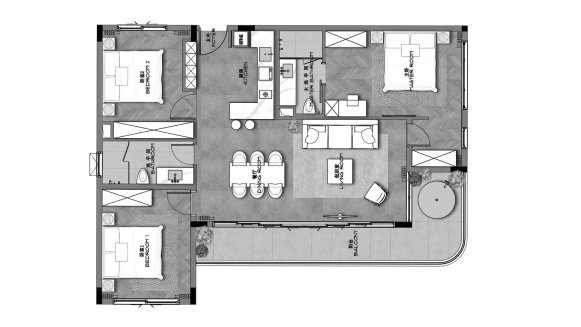 Apartment floor plan, 3 bedrooms in Ayana Heights Seaview Residence No. 11025 (2D)